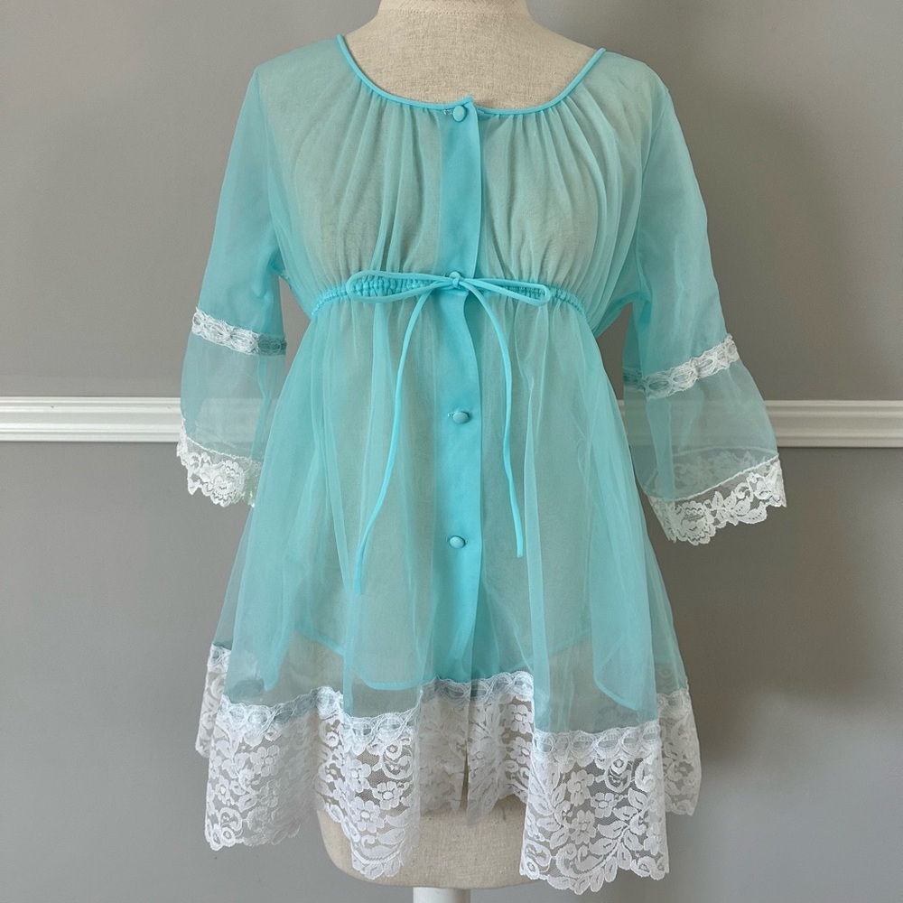 Radcliffe Vintage 60s Babydoll Aqua Blue Nylon Negligee Robe Nightie Set Small - Picture 5 of 12